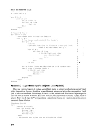 90
CORPS DE PROCEDURE (Ford)
% Initialisation ;
pour i=1 a N
pour j=1 a N
V(i,j) := C(i,j);
Si C(i,j)?+8 faire
P(i,j):=j;
finsi
finpour
finpour
% Itérer N-1 fois %;
Pour iter=1 a N-1;
% Pour chaque noeud origine d'un chemin %;
Pour i=1 a N
% Pour chaque noeud extrémité d'un chemin %; I
Pour j=1 a N I
cout:=+8; I
% Chercher parmi tous les voisins de i celui par lequel I
passe le meilleur chemin vers j %; I
Pour k=1 a N I
Si C(i,k)?+8 faire I
Si C(i,k)+V(k,j)<cout faire I
cout:=C(i,k)+V(k,j); I
r:=k; I
finsi I
finsi I
fin pour I A
I
%Si la valeur trouvée est meilleure que celle contenue dans I
dans V noter le nouveau chemin %; I
Si V(i,j)> cout faire I
V(i,j):=cout; I
P(i,j):=r; I
finsi I
finpour I
finpour
finpour
Question 2 : Algorithme réparti adaptatif (Mac Quillan)
Dans une version d'Arpanet, le routage adaptatif était réalisé en utilisant un algorithme adaptatif réparti
dérivé du précédent. Dans cet algorithme le noeud i calcule uniquement la ième ligne des matrices V et P
(soit le coût de transmission d'un message de i vers tous les autres noeuds du réseau et l'adjacent préféré
de i vers tous les noeuds du réseau). Pour cela, il envoie périodiquement à ses voisins V(i,•) et reçoit de
chacun d'entre eux la ligne de V correspondante. L'algorithme s'adapte aux variations des coûts qui sont
mesurés à chaque itération.
Algorithme Arpa(i)
cycle
Attendre T secondes;
pour tout voisin k de i
Envoyer V(i,•);
Recevoir V(k,•);
Mesurer C(i,k);
finpour
-- Les données sont prêtes pour une itération du calcul
 