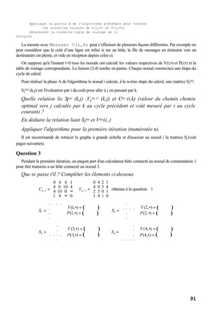 91
Appliquer la partie A de l'algorithme précédent pour trouver
les nouvelles valeurs de V(i,•) et P(i,•);
Déterminer la nouvelle table de routage de i;
fincycle
La mesure avec Mesurer C(i,k) peut s’effectuer de plusieurs façons différentes. Par exemple on
peut considérer que le coût d’une ligne est infini si sur un hôte, la file de messages en émission vers un
destinataire est pleine, et vide en réception depuis celui-ci.
On suppose qu'à l'instant t=0 tous les noeuds ont calculé les valeurs respectives de V(i,•) et P(i,•) et la
table de routage correspondante. La liaison (3,4) tombe en panne. Chaque noeud commence une étape du
cycle de calcul.
Pour réaliser la phase A de l'algorithme le noeud i calcule, à la n-ème étape du calcul, une matrice Si
(n).
Si
(n) (k,j) est l'évaluation par i du coût pour aller à j en passant par k.
Quelle relation lie Si(n) (k,j) ,Vk
(n-1) (k,j) et C(n) (i,k) (valeur du chemin chemin
optimal vers j calculés par k au cycle précédent et coût mesuré par i au cycle
courant) ?
En déduire la relation liant Si(n) et V(n)(i,.)
Appliquer l'algorithme pour la première itération (numérotée n).
Il est recommandé de retracer le graphe à grande échelle et d'associer au noeud i la matrice Si (voir
pages suivantes).
Question 3
Pendant la première itération, un paquet part d'un calculateur hôte connecté au noeud de commutation 1
pour être transmis a un hôte connecté au noeud 3.
Que se passe t'il ? Compléter les élements ci-dessous
Cn−1 =
0 4 4 1
4 0 10 4
4 10 0 ∞
1 4 ∞ 0






 Vn −1 =
0 4 2 1
4 0 5 4
2 5 0 1
1 4 1 0






 obtenus à la question 1
S1 =
. . . .
.
.
.








V(1,•) = ( )
P(1,•) = ( )
S2 =
.
. . . .
.
.








V(2,•) = ( )
P(2,•) = ( )
S3 =
.
.
. . . .
.








V(3,•) = ( )
P(3,•) = ( )
S4 =
.
.
.
. . . .








V(4,•) = ( )
P(4,•) = ( )
 