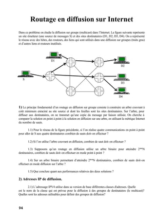 94
Routage en diffusion sur Internet
Dans ce problème on étudie la diffusion sur groupe (multicast) dans l’Internet. La figure suivante représente
un site émetteur (une source de messages S) et des sites destinataires (D1, D2, D3, D4). On a représenté
le réseau avec des hôtes, des routeurs, des liens qui sont utilisés dans une diffusion sur groupes (traits gras)
et d’autres liens et routeurs inutilisés.
1) Le principe fondamental d’un routage en diffusion sur groupe consiste à construire un arbre couvrant à
coût minimum enraciné au site source et dont les feuilles sont les sites destinataires. Sur l’arbre, pour
diffuser aux destinataires, on ne transmet qu’une copie du message par liaison utilisée. On cherche à
comparer la solution en point à point à la solution en diffusion sur une arbre, en utilisant la métrique Internet
du nombre de sauts.
1.1) Pour le réseau de la figure précédente, si l’on réalise quatre communications en point à point
pour aller de S aux quatre destinataires combien de sauts doit-on effectuer ?
1.2) Si l’on utilise l’arbre couvrant en diffusion, combien de saut doit-on effectuer ?
1.3) Supposons qu’un routage en diffusion utilise un arbre binaire pour atteindre 2**N
destinataires, combien de sauts doit-on effectuer en mode point à point ?
1.4) Sur un arbre binaire permettant d’atteindre 2**N destinataires, combien de sauts doit-on
effectuer en mode diffusion sur l’arbre ?
1.5) Que conclure quant aux performances relatives des deux solutions ?
2) Adresses IP de diffusion.
2.1) L’adressage IPV4 utilise dans sa version de base différentes classes d'adresses. Quelle
est le nom de la classe qui est prévue pour la diffusion à des groupes de destinataires (le multicast)?
Quelles sont les adresses utilisables pour définir des groupes de diffusion?
S
D2
D3
D4
D1
 