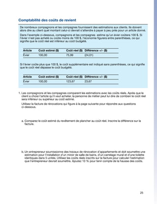 Comptabilité des coûts de revient
 De nombreux compagnons et les compagnes fournissent des estimations aux clients. Ils doivent
 alors dire au client quel montant celui-ci devrait s’attendre à payer à peu près pour un article donné.
 Dans l’exemple ci-dessous, compagnons et les compagnes estime qu’un évier coûtera 100 $. Si
 l’évier n’est pas acheté ou coûte moins de 100 $, l’économie figurera entre parenthèses, ce qui
 signifie que le coût réel est inférieur au coût budgété.


   Article	     Coût estimé ($)	        Coût réel ($)	 Différence +/- ($)
   Évier	       100,00			               75,99		         (24,01)


 Si l’évier coûte plus que 100 $, le coût supplémentaire est indiqué sans parenthèses, ce qui signifie
 que le coût réel dépasse le coût budgété.


   Article	     Coût estimé ($)	        Coût réel ($)	 Différence +/- ($)
   Évier	       100,00			               123,67		        23,67



1.	Les compagnons et les compagnes comparent les estimations avec les coûts réels. Après que le
   client a choisi l’article qu’il veut acheter, la personne de métier peut lui dire de combien le coût réel
   sera inférieur ou supérieur au coût estimé.
  Utilisez la facture de rénovations qui figure à la page suivante pour répondre aux questions
  ci-dessous.



  a.	Comparez le coût estimé du revêtement de plancher au coût réel. Inscrire la différence sur la
     facture.




  b.	Un entrepreneur soumissionne des travaux de rénovation d’appartements et doit soumettre une
     estimation pour l’installation d’un miroir de salle de bains, d’un carrelage mural et d’une toilette
     identiques dans 5 unités. Utilisez les coûts réels inscrits sur la facture pour calculer l’estimation
     que l’entrepreneur devrait soumettre. Ajoutez 10 % pour tenir compte de la hausse des coûts.




                                                                                                       25
 