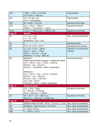 Q10       1 0002 + 1 2552 = 2 575 025                             Trigonométrie
          √2 575 025 = 1 605 mm
Q11       152 + (12– 8)2 = 241                                    Trigonométrie
          √241 = 15,52 pouces
Q12       28 × 0,433 = 12,12 psi                                  Équations et formules
Q13       8 po. × 24 po. = 192 po.  2
                                                                  Superficie (impérial)
          192 po.2 ÷ 144 po.2/pi.2 = 1,33 pi.2
Q13b      1,33 pi.2 ×1 200 pi./min = 1 596 pi.3/min               Équations et formules
Page 15   Dessins
Q1        5
           /4 × 1 pi. = 5 pi.                                     Taux, ratios et proportions
          3
           /2 × 1 pi. = 6 pi.
          Dimensions = 5 pi. × 6 pi.
Q2        3                                                       Nombres entiers
Q3        2' 2" + 8' + 2' 2" = 12' 4"                             Conversions de mesures
Q4        S = 12 pi. ×14 pi. = 168 pi.  2
                                                                  Superficie, conversions de
          168 pi.2 + 30 pi.2 = 198 pi.2                           mesures
          198 pi.2 ÷ 9 pi.2/vg.2 = 22 vg.2
          $28,50/vg.2 × 22 vg.2 = $627,00
Q5        Méthode 1 :                                             Nombres décimaux
          Hauteur des panneaux de gypse = hauteur de la pièce
          5 pi. + 7,67 pi. + 5 pi. + 7,67 pi. = 25,34 pi.
          25,34 pi. – 3 pi. = 22,34 pi.
          22,34 pi. ÷ 4 pi./feuille = 5,585 = 6 panneaux

          Méthode 2 :
          5 pi. + 7,67 pi. + 5 pi. + 7,67 pi. = 25,34 pi.
          25,34 pi. – 3 pi. = 22,34 pi.
          22,34 pi. × 8 pi. = 178,72 pi.2
          4 pi. × 8 pi. = 32 pi.2
          178,72 pi.2 ÷ 32 pi.2 = 5,585 = 6 panneaux
Page 17   Calcul des poids
Q1        2 pi. × 18 pi. = 36 pi.2                                Équations et formules
          ¾ × 40 lb./pi.2 = 30 lb./pi.2
          36 pi.2 × 30 lb./pi.2 = 1 080 lb.
Q2        26' × 30.17' × 0.5' = 392,21 pi.3                       Équations et formules
          392,21 pi.3 × 150 lb./pi.3 = 58 831,5 lb.
Page 18   Quantités
Q1        Distance totale de chute = 30 pi. × ¼ po./pi. = 7,5 pi. Taux, ratios et proportions
Q2        35 000 km × 0,6214 mi./km = 21 749 mi.                  Taux, ratios et proportions
Q3a       5
              /4 × 30 g = 37,5 g                                  Taux, ratios et proportions
Q3b       /4 × 60 mL = 75 mL
          5
                                                                  Taux, ratios et proportions




30
 