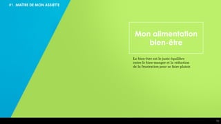 11
#1.
11
Le bien-être est le juste équilibre
entre le bien-manger et la réduction
de la frustration pour se faire plaisir.
Mon alimentation
bien-être
MAÎTRE DE MON ASSIETTE
 