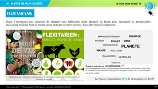 #1. MAÎTRE DE MON ASSIETTE JE SUIS MON ASSIETTE
20
Nous n’acceptons pas toujours de changer nos habitudes pour manger de façon plus raisonnée et responsable,
mais nous voulons tout de même nous engager à notre niveau. Nous devenons flexitariens.
FLEXITARISME
Nuage de mots clés sur « FLEXITARISME » **
Les conversations autour du flexitarisme sont tournées produit car il s’agit bien
de réduire les consommations de produits d’origine animale et de ne consommer
que de la qualité.
#EATCLEAN
#MANGERAUTREMENT FROMAGE
#MANGERSAIN
VIANDE
POISSON
PLANETE
CEREALES
POULET
#MANGERBIO
VEGETAL
OEUF
Le flexitarisme : réduire sa consommation de viande pour se tourner vers des meilleurs
produits de qualité. La France comptabilise 38 % de flexitariens en 2015*
*Alim Avenir 2015 / **Étude Newsdesk FOOD janvier – juin 2016, CHEMISTRY AGENCY
 