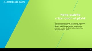 23
Notre assiette
mixe raison et plaisir
Nous comprenons mieux ce que nous mangeons
et notre alimentation est plus intelligente.
Malgré des dérives extrêmes, nous optons
pour une société où plaisir alimentaire rime
avec équilibre et santé.
#1. MAÎTRE DE MON ASSIETTE
 