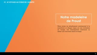 34
#2. LE VOYAGE AU CŒUR DE L’ASSIETTE
Notre madeleine
de Proust
Nous avons un attachement sentimental à la
nourriture et chaque repas est une invitation
au voyage, une introspection intérieure ou
même une excursion dans le temps.
 
