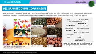 #3. MANGER NATUREL HEALTHY SNACK
45
“Okara
Graines de courge Noix tigrées
Graines de chia
NoisettesGraines de chanvre
Nuage de mots-clés sur « OLÉAGINEUX »
Les graines oléagineuses sont associées aux qualités
nutritionnelles, saines et énergétiques qu’elles apportent.
#EATCLEAN
ALIMENTATION
AMANDESCEREALES
NOISETTES #HAZELNUT
MINERAUX
#NUTRITION
#HEALTHYCHOICES
NOIX
#BIO
#HEALTHYLIFESTYLE
#FIT
#SNACK
#NUTRIMENTS
#BONGRAS
Gula, une box qui vous envoie chaque mois
16 portions de mélanges d’oléagineux.
Les oléagineux s’invitent dans nos fringales quotidiennes. Nous ne nous contentons plus uniquement d’amandes
ou de noix de cajou : nous allons puiser dans la diversité que nous offrent les graines pour faire varier nos plaisirs.
DES GRAINES COMME COMPLÉMENTS
Étude Newsdesk FOOD janvier – juin 2016, CHEMISTRY AGENCY
 