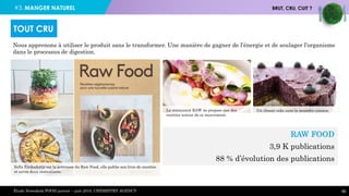 #3. MANGER NATUREL BRUT, CRU, CUIT ?
RAW FOOD
3,9 K publications
88 % d’évolution des publications
48
Nous apprenons à utiliser le produit sans le transformer. Une manière de gagner de l’énergie et de soulager l’organisme
dans le processus de digestion.
TOUT CRU
Solla Eiriksdottir est la prêtresse du Raw Food, elle publie son livre de recettes
et ouvre deux restaurants.
Le restaurant RAW ne propose que des
recettes autour de ce mouvement.
Un cheese cake sans la moindre cuisson.
Étude Newsdesk FOOD janvier – juin 2016, CHEMISTRY AGENCY
 