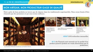 #4. LA FIN DE L’INDUSTRIALISATION DÉSINTERMÉDIATION
58
Notre quête de bons produits ne trouve pas de réponse dans les traditionnels supermarchés. Nous avons besoin d’être
réassurés par des personnes en qui nous avons confiance.
MON ARTISAN, MON PRODUCTEUR GAGE DE QUALITÉ
AMAP 33 K recherches mensuelles
46 % des Français sont rassurés sur la qualité d’un
produit quand le produit est vendu directement par le
producteur.
Pierre Hermé, la
confiance face au
meilleur pâtissier
du monde.
La boucherie Polmard est tenue par un boucher éleveur.
Alain Milliat est le producteur
de ses jus de fruits.
Sacramouche met en
avant chaque
producteur des
composants de ses
glaces.
Étude GoogleTrend & SEMRush 2016, CHEMISTRY AGENCY / Ipsos – Les Français et le consommer local
 