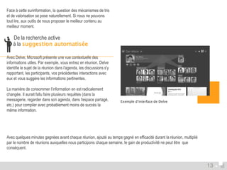 Face à cette surinformation, la question des mécanismes de tris 
et de valorisation se pose naturellement. Si nous ne pouvons 
tout lire, aux outils de nous proposer le meilleur contenu au 
meilleur moment. 
 De la recherche active 
à la suggestion automatisée 
Avec Delve, Microsoft présente une vue contextuelle des 
informations utiles. Par exemple, vous entrez en réunion, Delve 
identifie le sujet de la réunion dans l'agenda, les discussions s'y 
rapportant, les participants, vos précédentes interactions avec 
eux et vous suggère les informations pertinentes. 
La manière de consommer l’information en est radicalement 
changée. Il aurait fallu faire plusieurs requêtes (dans la 
messagerie, regarder dans son agenda, dans l'espace partagé, 
etc.) pour compiler avec probablement moins de succès la 
même information. 
Exemple d’interface de Delve 
13 
Avec quelques minutes gagnées avant chaque réunion, ajouté au temps gagné en efficacité durant la réunion, multiplié 
par le nombre de réunions auxquelles nous participons chaque semaine, le gain de productivité ne peut être que 
conséquent. 
 