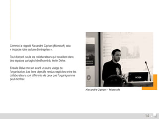 Comme l’a rappelé Alexandre Cipriani (Microsoft) cela 
« impacte notre culture d'entreprise ». 
Tout d'abord, seuls les collaborateurs qui travaillent dans 
des espaces partagés bénéficient du levier Delve. 
Ensuite Delve met en avant un autre visage de 
l'organisation. Les liens objectifs rendus explicites entre les 
collaborateurs sont différents de ceux que l'organigramme 
peut montrer. 
Alexandre Cipriani - Microsoft 
14 
 