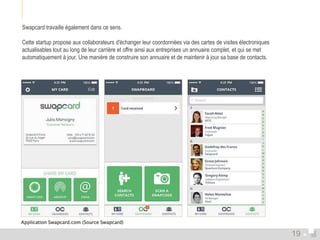 Swapcard travaille également dans ce sens. 
Cette startup propose aux collaborateurs d'échanger leur coordonnées via des cartes de visites électroniques 
actualisables tout au long de leur carrière et offre ainsi aux entreprises un annuaire complet, et qui se met 
automatiquement à jour. Une manière de construire son annuaire et de maintenir à jour sa base de contacts. 
Application Swapcard.com (Source Swapcard) 
19 
 