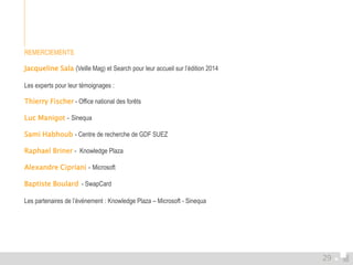 REMERCIEMENTS 
Jacqueline Sala (Veille Mag) et Search pour leur accueil sur l’édition 2014 
Les experts pour leur témoignages : 
Thierry Fischer - Office national des forêts 
Luc Manigot - Sinequa 
Sami Habhoub - Centre de recherche de GDF SUEZ 
Raphael Briner - Knowledge Plaza 
Alexandre Cipriani - Microsoft 
Baptiste Boulard - SwapCard 
Les partenaires de l’événement : Knowledge Plaza – Microsoft - Sinequa 
29 
 
