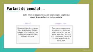 Partant de constat ...
Betty Autier développe une nouvelle stratégie plus adaptée aux
usages de son audience et de leur contexte :
Une stratégie de contenus
très graphiques, lifestyle
publiés principalement sur
le blog et relayés sur les
réseaux sociaux.
A VA NT
Des contenus pour une
audience qui se trouve
majoritairement sur les
réseaux sociaux, surtout
pour ce type de contenus.
Et faire de son site un
social wall.
MA I NT E NA NT
 