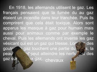 En 1918, les allemands utilisent le gaz. Les
français pensaient que la fumée du au gaz
étaient un incendie dans leur tranchée. Puis ils
comprirent que cela était toxique. Alors sont
apparus les masque à gaz pour humain mais
aussi pour animaux comme par exemple le
cheval. Puis les allemands ont inventé les gaz
vésicant qui est un gaz qui blesse. Lorsque des
goutes de gaz touchent une partie du corps, la
peau brûle et peut atteindre les nerfs. 2% des
gaz sont dû aux gaz. chevaux
 