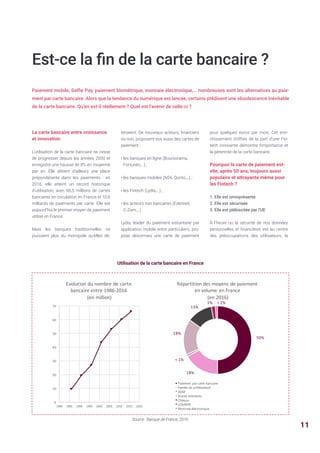 Est-ce la fin de la carte bancaire ?
Paiement mobile, Selfie Pay, paiement biométrique, monnaie électronique,… nombreuses sont les alternatives au paie-
ment par carte bancaire. Alors que la tendance du numérique est lancée, certains prédisent une obsolescence inévitable
de la carte bancaire. Qu’en est-il réellement ? Quel est l’avenir de celle-ci ?
La carte bancaire entre croissance
et innovation
L’utilisation de la carte bancaire ne cesse
de progresser depuis les années 2000 et
enregistre une hausse de 8% en moyenne
par an. Elle détient d’ailleurs une place
prépondérante dans les paiements : en
2016, elle atteint un record historique
d’utilisation, avec 66,5 millions de cartes
bancaires en circulation en France et 10,6
milliards de paiements par carte. Elle est
aujourd’hui le premier moyen de paiement
utilisé en France.
Mais les banques traditionnelles ne
jouissent plus du monopole qu’elles dé-
Utilisation de la carte bancaire en France
0
10
20
30
40
50
60
70
1980 1985 1990 1995 2000 2005 2010 2015 2020
Evolution	du	nombre	de	carte	
bancaire	entre	1986-2016
(en	million)
Répartition	des	moyens	de	paiement	
en	volume	en	France
(en	2016)
Paiement	par	carte	bancaire
Famille	de	prélèvement
VGM
Autres	virements
Chèque	
LCR/BOR
Monnaie	électronique
50%
1% 	1%
13%
18%
	1%
18%
Source : Banque de France, 2016
tenaient. De nouveaux acteurs, financiers
ou non, proposent eux aussi des cartes de
paiement :
• les banques en ligne (Boursorama,
Fortunéo,…) ;
• les banques mobiles (N26, Qonto,…) ;
• les Fintech (Lydia,…) ;
• les acteurs non bancaires (Edenred,
C-Zam,…)
Lydia, leader du paiement instantané par
application mobile entre particuliers, pro-
pose désormais une carte de paiement
pour quelques euros par mois. Cet enri-
chissement d’offres de la part d’une Fin-
tech innovante démontre l’importance et
la pérennité de la carte bancaire.
Pourquoi la carte de paiement est-
elle, après 50 ans, toujours aussi
populaire et attrayante même pour
les Fintech ?
1. Elle est omniprésente
2. Elle est sécurisée
3. Elle est plébiscitée par l’UE
À l’heure où la sécurité de nos données
personnelles et financières est au centre
des préoccupations des utilisateurs, la
11
 