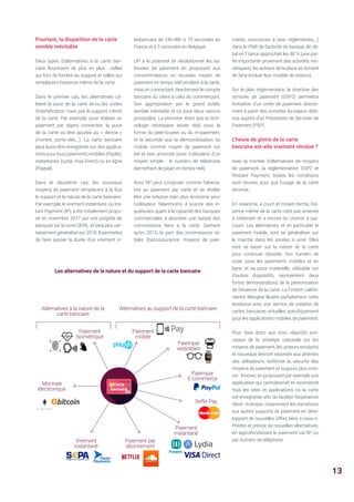 Pourtant, la disparition de la carte
semble inévitable
Deux types d’alternatives à la carte ban-
caire fleurissent de plus en plus : celles
qui font de l’ombre au support et celles qui
remplacent l’essence même de la carte.
Dans le premier cas, les alternatives uti-
lisent la puce de la carte et/ou les codes
d’identification mais pas le support même
de la carte. Par exemple, pour réaliser un
paiement par objets connectés, la puce
de la carte va être ajoutée au « device »
(montre, porte-clés,…). La carte bancaire
peut aussi être enregistrée sur des applica-
tions pour tous paiements mobiles (Paylib),
instantanés (Lydia, Visa Direct) ou en ligne
(Paypal).
Dans le deuxième cas, les nouveaux
moyens de paiement remplacent à la fois
le support et la nature de la carte bancaire.
Par exemple, le virement instantané, ou Ins-
tant Payment (IP), a été initialement propo-
sé en novembre 2017 par une poignée de
banques sur la zone SEPA, et sera plus cer-
tainement généralisé sur 2018. Il permettra
de faire passer la durée d’un virement in-
Les alternatives de la nature et du support de la carte bancaire
terbancaire de 24h-48h à 10 secondes en
France et à 5 secondes en Belgique.
L’IP a le potentiel de révolutionner les ha-
bitudes de paiement en proposant aux
consommateurs un nouveau moyen de
paiement en temps réel similaire à la carte,
mais en connectant directement le compte
bancaire du client à celui du commerçant.
Son appropriation par le grand public
semble inévitable et ce pour deux raisons
principales. La première étant que la tech-
nologie nécessaire existe déjà sous la
forme du peer-to-peer ou du m-paiement,
et la seconde que la démocratisation du
mobile comme moyen de paiement est
bel et bien amorcée (avec l’utilisation d’un
moyen simple : le numéro de téléphone
permettant de payer en temps réel).
Ainsi l’IP peut s’imposer comme l’alterna-
tive au paiement par carte et se révéler
être une solution bien plus économe pour
l’utilisateur. Néanmoins, il suscite des in-
quiétudes quant à la capacité des banques
commerciales à absorber une baisse des
commissions liées à la carte. Sachant
qu’en 2015, la part des commissions to-
tales (bancassurance, moyens de paie-
ments, ressources à taux réglementés,…)
dans le PNB de l’activité de banque de dé-
tail en France approchait les 40 % (une par-
tie importante provenant des activités mo-
nétiques), les acteurs de la place se doivent
de faire évoluer leur modèle de revenus.
Sur le plan réglementaire, la directive des
services de paiement (DSP2) permettra
l’initiation d’un ordre de paiement directe-
ment à partir des comptes du payeur déte-
nus auprès d’un Prestataire de Services de
Paiement (PSP).
L’heure de gloire de la carte
bancaire est-elle vraiment révolue ?
Avec la montée d’alternatives de moyens
de paiement, la réglementation DSP2 et
l’Instant Payment, toutes les conditions
sont réunies pour que l’usage de la carte
diminue.
En revanche, à court et moyen terme, l’es-
sence même de la carte n’est pas amenée
à s’éteindre et a encore du chemin à par-
courir. Les alternatives, et en particulier le
paiement mobile, vont se généraliser sur
le marché dans les années à venir. Elles
vont se baser sur la nature de la carte
pour continuer d’exister. Son numéro de
code, pour les paiements mobiles et en
ligne, et sa puce matérielle, utilisable sur
d’autres dispositifs, représentent deux
fortes démonstrations de la pérennisation
de l’essence de la carte. La Fintech califor-
nienne Marqeta illustre parfaitement cette
tendance avec son service de création de
cartes bancaires virtuelles spécifiquement
pour les applications mobiles de paiement.
Pour faire écho aux trois objectifs prin-
cipaux de la stratégie nationale sur les
moyens de paiement, les acteurs existants
et nouveaux devront répondre aux attentes
des utilisateurs, renforcer la sécurité des
moyens de paiement et toujours plus inno-
ver. Innover, en proposant par exemple une
application qui centraliserait et recenserait
tous les sites et applications où la carte
est enregistrée afin de faciliter l’expérience
client. Anticiper, notamment les transitions
aux autres supports de paiement en déve-
loppant de nouvelles offres liées à ceux-ci.
Prédire et prévoir de nouvelles alternatives,
en approfondissant le paiement via l’IP ou
par numéro de téléphone.Virement
instantané
Monnaie
électronique
Paiement
biométrique
Alternatives à la nature de la
carte bancaire
Alternatives au support de la carte bancaire
Paiement
mobile
Paiempar
wearables
Paiempar
E-commerce
Seflie Pay
Paiement
instantané
Paiement par
abonnement
Carte
bancaire
13
 