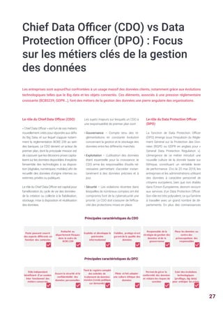 Chief Data Officer (CDO) vs Data
Protection Officer (DPO) : Focus
sur les métiers clés de la gestion
des données
Les entreprises sont aujourd'hui confrontées à un usage massif des données clients, notamment grâce aux évolutions
technologiques telles que le Big data et les objets connectés. Ces éléments, associés à une pression réglementaire
croissante (BCBS239, GDPR…), font des métiers de la gestion des données une pierre angulaire des organisations.
Le rôle du Chief Data Officer (CDO)
« Chief Data Officer » est l’un de ces métiers
nouvellement créés pour répondre aux défis
du Big Data, et sur lequel s’appuie notam-
ment la règlementation BCBS 239 au sein
des banques. Le CDO devient un acteur de
premier plan, dont la principale mission est
de s’assurer que les décisions prises capita-
lisent sur les données disponibles. Il exploite
l'ensemble des technologies à sa disposi-
tion (digitales, numériques, mobiles) afin de
recueillir des données d’origine internes ou
externes, privées ou publiques.
Le rôle du Chief Data Officer est capital pour
l'amélioration du cycle de vie des données :
de la création ou collecte à la fiabilisation,
stockage, mise à disposition et réutilisation
des données.
Les sujets majeurs sur lesquels un CDO a
une responsabilité de premier plan sont :
• Gouvernance – Compte tenu des ré-
glementations en constante évolution
concernant la gestion et le stockage des
données entre les différents marchés.
• Exploitation – L’utilisation des données
étant essentielle pour la croissance, le
CDO arme les responsables d’outils né-
cessaires permettant d’accéder instan-
tanément à des données précises et à
jour.
• Sécurité – Les violations récentes dans
lesquelles de nombreux comptes ont été
compromis font de la cybersécurité une
priorité. Le CDO doit s’assurer de l’effica-
cité des protections mises en place.
Principales caractéristiques du CDO
Le rôle du Data Protection Officer
(DPO)
La fonction de Data Protection Officer
(DPO) émerge sous l’impulsion du Règle-
ment Général sur la Protection des Don-
nées (RGPD ou GDPR en anglais pour «
General Data Protection Regulation »).
L’émergence de ce métier introduit une
nouvelle culture de la donnée basée sur
l’éthique, constituant un véritable levier
de performance. D'ici le 25 mai 2018, les
entreprises et les administrations utilisant
des données à caractère personnel de
citoyens européens, bien que non établis
dans l’Union Européenne, devront recourir
aux services d'un Data Protection Officer.
Son rôle est très polyvalent, ce qui l'amène
à travailler avec un grand nombre de dé-
partements. En plus des connaissances
Principales caractéristiques du DPO
Poste	pouvant	couvrir	
des	aspects	différents	en	
fonction	 des	contextes
Rattaché	au	
département	Risques	
dans	le	cadre	de
BCBS	239
Exploite	et	développe	le	
patrimoine	
informationnel
Fiabilise,	protège	et	est	
garant	de	la	qualité	des	
données
Responsable	de	la	
stratégie	de	gestion	des	
données	et	de	la	
gouvernance
Place	les	données	au	
centre	des	
préoccupations	 des	
responsables
Rôle	indépendant	
bénéficiant	 d’un	soutien	
inter	fonctionnel	 des	
métiers	concernés
Assure	la	sécurité	et	la	
confidentialité	 des	
données	personnelles
Tient	le	registre	complet	
des	activités	de	
traitement	de	données	
menées	(rendu	publique	
sur	demande)
Pilote	 et	fait	adopter	
une	culture	éthique	des	
données
Permet	de	gérer	la	
conformité	des	données	
et	réduire	les	risques	de	
sanction	
Suivi	des	évolutions	
technologiques	
(profilage,	big data)	
pour	anticiper	les	crises
27
 