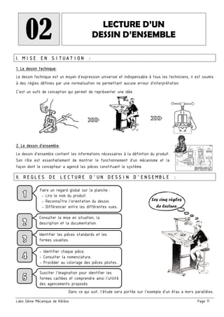 Labo Génie Mécanique de Kélibia Page 11
02 LECTURE D’UN
DESSIN D’ENSEMBLE
I. MISE EN SITUATION :
1. Le dessin technique:
Le dessin technique est un moyen d’expression universel et indispensable à tous les techniciens, il est soumis
à des règles définies par une normalisation ne permettant aucune erreur d’interprétation.
C’est un outil de conception qui permet de représenter une idée
2. Le dessin d’ensemble:
Le dessin d’ensemble contient les informations nécessaires à la définition du produit.
Son rôle est essentiellement de montrer le fonctionnement d’un mécanisme et la
façon dont le concepteur a agencé les pièces constituant le système.
II. REGLES DE LECTURE D’UN DESSIN D’ENSEMBLE :
Dans ce qui suit, l’étude sera portée sur l’exemple d’un étau a mors parallèles.
Faire un regard global sur la planche :
- Lire le nom du produit.
- Reconnaître l’orientation du dessin.
- Différencier entre les différentes vues.
Consulter la mise en situation, la
description et la documentation.
Identifier les pièces standards et les
formes usuelles.
- Identifier chaque pièce.
- Consulter la nomenclature.
- Procéder au coloriage des pièces pilotes.
Susciter l’imagination pour identifier les
formes cachées et comprendre ainsi l’utilité
des agencements proposés
Les cinq règles
de lecture.
 