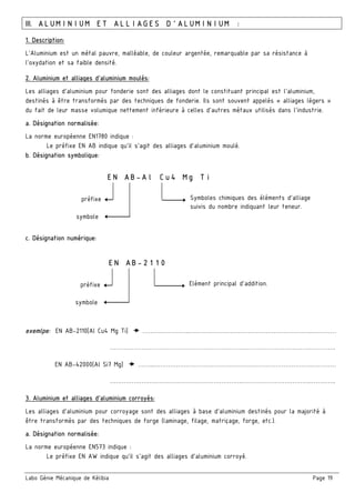 Labo Génie Mécanique de Kélibia Page 19
III. ALUMINIUM ET ALLIAGES D’ALUMINIUM :
1. Description:
L’Aluminium est un métal pauvre, malléable, de couleur argentée, remarquable par sa résistance à
l’oxydation et sa faible densité.
2. Aluminium et alliages d’aluminium moulés:
Les alliages d'aluminium pour fonderie sont des alliages dont le constituant principal est l'aluminium,
destinés à être transformés par des techniques de fonderie. Ils sont souvent appelés « alliages légers »
du fait de leur masse volumique nettement inférieure à celles d'autres métaux utilisés dans l'industrie.
a. Désignation normalisée:
La norme européenne EN1780 indique :
Le préfixe EN AB indique qu’il s’agit des alliages d’aluminium moulé.
b. Désignation symbolique:
c. Désignation numérique:
exemlpe: EN AB-2110[Al Cu4 Mg Ti] ……….…………...……………………………………………………..…………
………………………………………………………….…………………………….………….
EN AB-42000[Al Si7 Mg] ……...……………………………………………………………………..…………
………………………………………………………….…………………………….………….
3. Aluminium et alliages d’aluminium corroyés:
Les alliages d'aluminium pour corroyage sont des alliages à base d'aluminium destinés pour la majorité à
être transformés par des techniques de forge (laminage, filage, matriçage, forge, etc.).
a. Désignation normalisée:
La norme européenne EN573 indique :
Le préfixe EN AW indique qu’il s’agit des alliages d’aluminium corroyé.
EN AB-Al Cu4 Mg Ti
préfixe
symbole
Symboles chimiques des éléments d’alliage
suivis du nombre indiquant leur teneur.
EN AB-2110
préfixe
symbole
Elément principal d’addition.
 