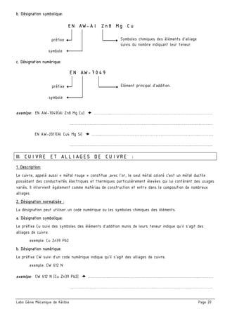 Labo Génie Mécanique de Kélibia Page 20
b. Désignation symbolique:
c. Désignation numérique:
exemlpe: EN AW-7049[Al Zn8 Mg Cu] …………..……………..……………………………………………..…………
………………………………………………………….…………………………….………….
EN AW-2017[Al Cu4 Mg Si] ……...…………………………………………………………………..…………
………………………………………………………….…………………………….………….
III. CUIVRE ET ALLIAGES DE CUIVRE :
1. Description:
Le cuivre, appelé aussi « métal rouge » constitue ,avec l’or, le seul métal coloré c’est un métal ductile
possédant des conductivités électriques et thermiques particulièrement élevées qui lui confèrent des usages
variés. Il intervient également comme matériau de construction et entre dans la composition de nombreux
alliages.
2. Désignation normalisée :
La désignation peut utiliser un code numérique ou les symboles chimiques des éléments.
a. Désignation symbolique:
Le préfixe Cu suivi des symboles des éléments d’addition munis de leurs teneur indique qu’il s’agit des
alliages de cuivre.
exemple: Cu Zn39 Pb2
b. Désignation numérique:
Le préfixe CW suivi d’un code numérique indique qu’il s’agit des alliages de cuivre.
exemple: CW 612 N
exemlpe: CW 612 N [Cu Zn39 Pb2] ……………...……………………………………………………………..…………
………………………………………………………….…………………………….………….
EN AW-Al Zn8 Mg Cu
préfixe
symbole
Symboles chimiques des éléments d’alliage
suivis du nombre indiquant leur teneur.
EN AW-7049
préfixe
symbole
Elément principal d’addition.
 