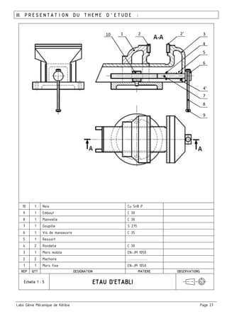 Labo Génie Mécanique de Kélibia Page 27
III. PRESENTATION DU THEME D’ETUDE :
10 1 Noix Cu Sn8 P
9 1 Embout C 30
8 1 Manivelle C 30
7 1 Goupille S 275
6 1 Vis de manoeuvre C 35
5 1 Ressort
4 2 Rondelle C 30
3 1 Mors mobile EN-JM 1050
2 2 Machoire …………….
1 1 Mors fixe EN-JM 1050
REP QTT DESIGNATION MATIERE OBSERVATIONS
Echelle 1 : 5
1 2 3
7
6
5
8
10
4
9
2’
4’
 