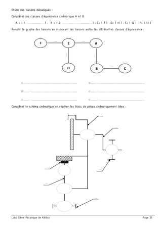 Labo Génie Mécanique de Kélibia Page 33
Etude des liaisons mécaniques :
Compléter les classes d’équivalence cinématique A et B.
A = { 1, …………..…… } ; B = { 2, …………………..…..…… } ; C= { 7 } ; D= { 11 } ; E= { 12 } ; F= { 13 }
Remplir le graphe des liaisons en inscrivant les liaisons entre les différentes classes d’équivalence :
□ …… : …………………………………………… □ …… : ……………………………………………
□ …… : …………………………………………… □ …… : ……………………………………………
□ …… : …………………………………………… □ …… : ……………………………………………
Compléter le schéma cinématique et repérer les blocs de pièces cinématiquement liées :
EF A
D CB
….
..
….
..
….
..
….
..
….
..
…
…
…
…
…
…
 