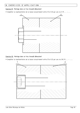 Labo Génie Mécanique de Kélibia Page 38
III. EXERCICES D’APPLICATION :
Exercice 01: Montage dans un trou taraudé débouchant
Compléter la représentation de la liaison encastrement entre (1) et (2) par une vis H M…… -……
Exercice 02: Montage dans un trou taraudé débouchant
Compléter la représentation de la liaison encastrement entre (1) et (2) par une vis CHC M…… - ……
1 2
1 2
 