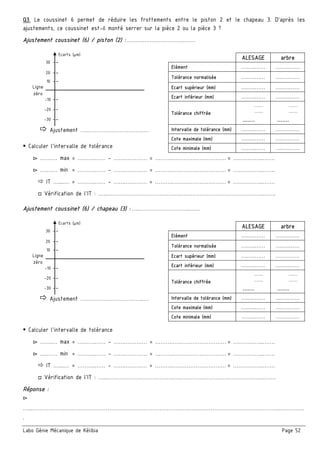 Labo Génie Mécanique de Kélibia Page 52
Q3. Le coussinet 6 permet de réduire les frottements entre le piston 2 et le chapeau 3. D’après les
ajustements, ce coussinet est-il monté serrer sur la pièce 2 ou la pièce 3 ?
Ajustement coussinet (6) / piston (2) : ….………………………..……
Ajustement ….…………………………..…
Calculer l’intervalle de tolérance
▻ …….… max = ……….…… - …….………… = ……….………………………… = ……………..…….
▻ ….…… min = ……….…… - …….………… = ……….………………………… = ……………..…….
IT …....… = ……….…… - …….………… = ……….………………………… = ……………..…….
□ Vérification de l’IT : …...……………………………….….………………………………………..…….
Ajustement coussinet (6) / chapeau (3) : ….………………………..……
Ajustement ….…………………………..…
Calculer l’intervalle de tolérance
▻ …….… max = ……….…… - …….………… = ……….………………………… = ……………..…….
▻ ….…… min = ……….…… - …….………… = ……….………………………… = ……………..…….
IT …....… = ……….…… - …….………… = ……….………………………… = ……………..…….
□ Vérification de l’IT : …...……………………………….….………………………………………..…….
Réponse :
▻
…...…………………………………………………………………………….….………………………………………..…………..
.
ALESAGE arbre
Elément ….….…… ….….……
Tolérance normalisée ….….…… ….….……
Ecart supérieur (mm) ….….…… ….….……
Ecart inférieur (mm) ….….…… ….….……
Tolérance chiffrée
.........
.........
.......
.........
.........
.......
Intervalle de tolérance (mm) ….….…… ….….……
Cote maximale (mm) ….….…… ….….……
Cote minimale (mm) ….….…… ….….……
ALESAGE arbre
Elément ….….…… ….….……
Tolérance normalisée ….….…… ….….……
Ecart supérieur (mm) ….….…… ….….……
Ecart inférieur (mm) ….….…… ….….……
Tolérance chiffrée
.........
.........
.......
.........
.........
.......
Intervalle de tolérance (mm) ….….…… ….….……
Cote maximale (mm) ….….…… ….….……
Cote minimale (mm) ….….…… ….….……
10 --
20 --
30 --
Ecarts (µm)
-30 --
-20 --
-10 --
Ligne
zéro
10 --
20 --
30 --
Ecarts (µm)
-30 --
-20 --
-10 --
Ligne
zéro
 
