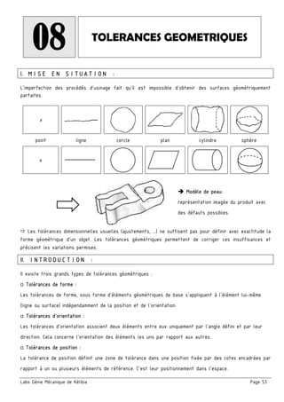 Labo Génie Mécanique de Kélibia Page 53
08 TOLERANCES GEOMETRIQUES
I. MISE EN SITUATION :
L’imperfection des procédés d’usinage fait qu’il est impossible d’obtenir des surfaces géométriquement
parfaites.
x
point ligne cercle plan cylindre sphère
x
Les tolérances dimensionnelles usuelles (ajustements, …) ne suffisent pas pour définir avec exactitude la
forme géométrique d’un objet. Les tolérances géométriques permettent de corriger ces insuffisances et
précisent les variations permises.
II. INTRODUCTION :
Il existe trois grands types de tolérances géométriques :
□ Tolérances de forme :
Les tolérances de forme, sous forme d’éléments géométriques de base s’appliquent à l’élément lui-même
(ligne ou surface) indépendamment de la position et de l’orientation.
□ Tolérances d’orientation :
Les tolérances d’orientation associent deux éléments entre eux uniquement par l’angle défini et par leur
direction. Cela concerne l’orientation des éléments les uns par rapport aux autres.
□ Tolérances de position :
La tolérance de position définit une zone de tolérance dans une position fixée par des cotes encadrées par
rapport à un ou plusieurs éléments de référence. C’est leur positionnement dans l’espace.
Modèle de peau:
représentation imagée du produit avec
des défauts possibles.
 