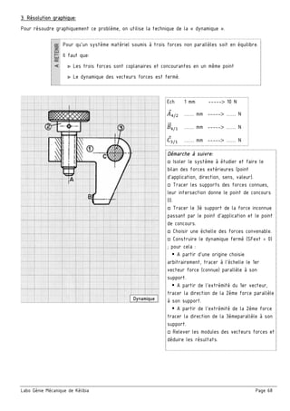 Labo Génie Mécanique de Kélibia Page 68
3. Résolution graphique:
Pour résoudre graphiquement ce problème, on utilise la technique de la « dynamique ».
Pour qu’un système matériel soumis à trois forces non parallèles soit en équilibre.
Il faut que:
▷ Les trois forces sont coplanaires et concourantes en un même point
▷ Le dynamique des vecteurs forces est fermé.
Démarche à suivre:
□ Isoler le système à étudier et faire le
bilan des forces extérieures (point
d’application, direction, sens, valeur).
□ Tracer les supports des forces connues,
leur intersection donne le point de concours
(I).
□ Tracer le 3è support de la force inconnue
passant par le point d’application et le point
de concours.
□ Choisir une échelle des forces convenable.
□ Construire le dynamique fermé (SFext = 0)
; pour cela :
A partir d’une origine choisie
arbitrairement, tracer à l’échelle le 1er
vecteur force (connue) parallèle à son
support.
A partir de l’extrémité du 1er vecteur,
tracer la direction de la 2éme force parallèle
à son support.
A partir de l’extrémité de la 2ème force
tracer la direction de la 3émeparallèle à son
support.
□ Relever les modules des vecteurs forces et
déduire les résultats.
Ech 1 mm -----> 10 N
:;/ …… mm -----> …… N
6" ;/ …… mm -----> …… N
E / …… mm -----> …… N
Dynamique
 