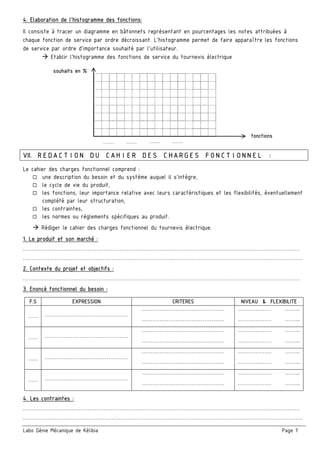 Labo Génie Mécanique de Kélibia Page 7
4. Elaboration de l’histogramme des fonctions:
Il consiste à tracer un diagramme en bâtonnets représentant en pourcentages les notes attribuées à
chaque fonction de service par ordre décroissant. L’histogramme permet de faire apparaître les fonctions
de service par ordre d’importance souhaité par l’utilisateur.
Etablir l’histogramme des fonctions de service du tournevis électrique
VII. REDACTION DU CAHIER DES CHARGES FONCTIONNEL :
Le cahier des charges fonctionnel comprend :
une description du besoin et du système auquel il s'intègre,
le cycle de vie du produit,
les fonctions, leur importance relative avec leurs caractéristiques et les flexibilités, éventuellement
complété par leur structuration,
les contraintes,
les normes ou règlements spécifiques au produit.
Rédiger le cahier des charges fonctionnel du tournevis électrique.
1. Le produit et son marché :
……………………………………………………………………….………………………………….……………………………
….………………………………….………………………………….………………………………….……………………………
2. Contexte du projet et objectifs :
……………………………………………………………………….………………………………….……………………………
3. Enoncé fonctionnel du besoin :
4. Les contraintes :
……………………………………………………………………….………………………………….……………………………
….………………………………….………………………………….………………………………….……………………………
F.S EXPRESSION CRITERES NIVEAU & FLEXIBILITE
…… .………….……………………………
.………………………………………
.………………………………………
.……………… ……...
.……………… ……...
…… .………….……………………………
.………………………………………
.………………………………………
.……………… ……...
.……………… ……...
…… .………….……………………………
.………………………………………
.………………………………………
.……………… ……...
.……………… ……...
…… .………….……………………………
.………………………………………
.………………………………………
.……………… ……...
.……………… ……...
souhaits en %
fonctions
…… ……
FC1
……
FC2
……
FC3
 