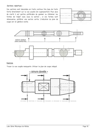 Labo Génie Mécanique de Kélibia Page 92
Sections rabattues :
Ces sections sont dessinées en traits continus fins (pas de traits
forts) directement sur la vue usuelle (en superposition). Pour plus
de clarté il est parfois préférable de gommer ou d'éliminer les
formes de l'objet vues sous la section ; si ces formes sont
nécessaires, préférer une section sortie. L'indication du plan de
coupe est en général inutile.
Exercice:
Tracer la vue coupée manquante. Utiliser le plan de coupe indiqué.
 
