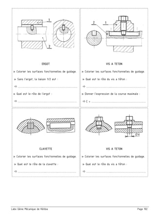 Labo Génie Mécanique de Kélibia Page 102
ERGOT
▷ Colorier les surfaces fonctionnelles de guidage.
▷ Sans l’ergot, la liaison 1/2 est :
………………………...…………………………………
▷ Quel est le rôle de l’ergot :
…………………………..………………………………
VIS A TETON
▷ Colorier les surfaces fonctionnelles de guidage.
▷ Quel est le rôle du vis a têton :
………………………...…………………………………
▷ Donner l’expression de la course maximale :
C = ……………………...………………………………
CLAVETTE
▷ Colorier les surfaces fonctionnelles de guidage.
▷ Quel est le rôle de la clavette :
…………………………...…………..…………………
VIS A TETON
▷ Colorier les surfaces fonctionnelles de guidage.
▷ Quel est le rôle du vis a têton :
………………………...…………………………………
 