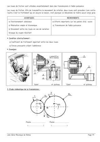 Labo Génie Mécanique de Kélibia Page 111
Les roues de friction sont utilisées essentiellement dans des transmissions à faible puissance.
Les roues de friction. Afin de transmettre le mouvement de rotation, deux roues sont pressées l'une contre
l'autre. C'est le frottement qui en assure la liaison, c'est pourquoi ce mécanisme ne tolère aucun corps gras
Condition d’entraînement :
□ Coefficient de frottement important entre les deux roues
□ Forces pressante créant l’adhérence
Exemlpes
……………….…………… Galet ………………… et plateau Galet ………………… et plateau
3. Etude cinématique de la transmission :
AVANTAGES INCONVENIENTS
□ Fonctionnement silencieux
□ Réalisation simple et économique .
□ Glissement entre les roues en cas de variation
brusque du couple résistant
□ Efforts importants sur les paliers d’où usure
□ Transmission de faible puissance
Poulie ………………….….
(………………………)
Poulie ………………….….
(………………………)
 
