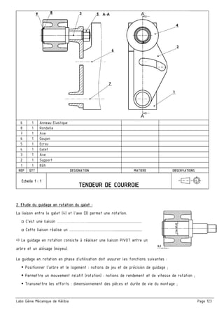 Labo Génie Mécanique de Kélibia Page 123
6 1 Anneau Elastique
8 1 Rondelle
7 1 Axe
6 1 Goujon
5 1 Ecrou
4 1 Galet
3 1 Axe
2 1 Support
1 1 Bâti
REP QTT DESIGNATION MATIERE OBSERVATIONS
Echelle 1 : 1
2. Etude du guidage en rotation du galet :
La liaison entre le galet (4) et l’axe (3) permet une rotation.
□ C’est une liaison …………..……..…..........................................................
□ Cette liaison réalise un ……………………………….............................
Le guidage en rotation consiste à réaliser une liaison PIVOT entre un
arbre et un alésage (moyeu).
Le guidage en rotation en phase d’utilisation doit assurer les fonctions suivantes :
Positionner l’arbre et le logement : notions de jeu et de précision de guidage ;
Permettre un mouvement relatif (rotation) : notions de rendement et de vitesse de rotation ;
Transmettre les efforts : dimensionnement des pièces et durée de vie du montage ;
 