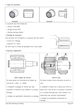 Labo Génie Mécanique de Kélibia Page 125
Types de coussinets :
Coussinet …………………………… Coussinet ……………………………
Le coussinet peut être réalisé par :
□ Bronze fritté BP25
□ Alliage ferreux FP15
□ Matière plastique (Nylon)
Montage de coussinets :
Afin de limiter les frottements, le coussinet doit être monté :
□ serré sur l’alésage
□ glissant sur l’arbre
De cette façon la vitesse de glissement est la plus faible
Exercices d’application :
Galet tendeur de courroie
On donne dessin de l’articulation du tendeur de
courroie (D = 45mm ; d = 36mm)
▷ Compléter le guidage en rotation par deux
coussinets à collerette, une rondelle et un anneau
élastique
▷ Indiquer les ajustements nécessaires au montage
Porte à faux
On donne le dessin d’une articulation en porte à
faux.
▷ Compléter le dessin de la liaison pivot entre la
bielle (2) et l’axe (3) par un coussinet à collerette
et un anneau élastique pour arbre. (Penser à la
lubrification des surfaces fonctionnelles).
▷ Indiquer les ajustements nécessaires au
montage.
 