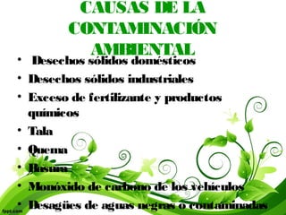 CAUSAS DE LA
CONTAMINACIÓN
AMBIENTAL
•  Desechos sólidos domésticos
• Desechos sólidos industriales
• Exceso de fertilizante y productos
químicos
• Tala
• Quema
• Basura
• Monóxido de carbono de los vehículos
• Desagües de aguas negras o contaminadas
 