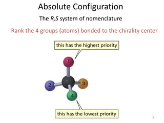 Absolute Configuration
Rank the 4 groups (atoms) bonded to the chirality center
The R,S system of nomenclature
12
 