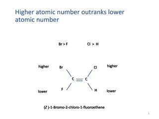 Higher atomic number outranks lower
atomic number
Br > F Cl > H
(Z )-1-Bromo-2-chloro-1-fluoroethene
higher
lower
Br
F
Cl
H
higher
lower
C C
5
 