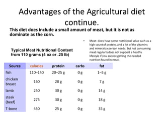 Advantages of the Agricultural diet continue. This diet does include a small amount of meat, but it is not as dominate as the corn. Meat- does have some nutritional value such as a high count of protein, and a lot of the vitamins and minerals a person needs. But not consuming meat regularly does not support a healthy lifestyle if you are not getting the needed nutrition found in meat.  Typical Meat Nutritional Content from 110 grams (4 oz or .25 lb)   Source calories protein carbs fat fish 110–140 20–25 g 0 g 1–5 g chicken breast 160 28 g 0 g 7 g lamb 250 30 g 0 g 14 g steak (beef) 275 30 g 0 g 18 g T-bone 450 25 g 0 g 35 g 