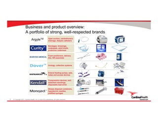 © Copyright 2017, Cardinal Health, Inc. or one of its subsidiaries. All rights reserved.6
Business and product overview:
A portfolio of strong, well-respected brands
Bandages, dressings,
underpads, adult briefs,
protective underwear
Sharps disposal containers,
hypodermic needles,
prefilled syringes
Compression devices, anti-
embolism stockings,
disposable lead wires
Enteral feeding pumps, sets,
tubes and access devices
Foam positioners, delivery
kits, OR essentials
Urology, collection systems
Open suction, cardiothoracic
drainage, dialysis cathetersArgyleTM
 