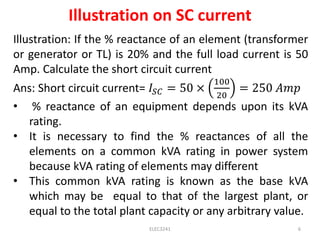 Illustration on SC current
ELEC3241 6
Illustration: If the % reactance of an element (transformer
or generator or TL) is 20% and the full load current is 50
Amp. Calculate the short circuit current
Ans: Short circuit current= 𝐼𝑆𝐶 = 50 ×
100
20
= 250 𝐴𝑚𝑝
• % reactance of an equipment depends upon its kVA
rating.
• It is necessary to find the % reactances of all the
elements on a common kVA rating in power system
because kVA rating of elements may different
• This common kVA rating is known as the base kVA
which may be equal to that of the largest plant, or
equal to the total plant capacity or any arbitrary value.
 