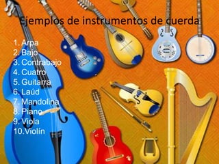 Ejemplos de instrumentos de cuerda
1. Arpa
2. Bajo
3. Contrabajo
4. Cuatro
5. Guitarra
6. Laúd
7. Mandolina
8. Piano
9. Viola
10.Violín
 