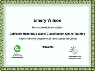 California Hazardous Waste Classification certificate