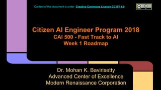 Citizen AI Engineer Program 2018
CAI 500 - Fast Track to AI
Week 1 Roadmap
Dr. Mohan K. Bavirisetty
Advanced Center of Excellence
Modern Renaissance Corporation
Content of this document is under Creative Commons Licence CC BY 4.0
 