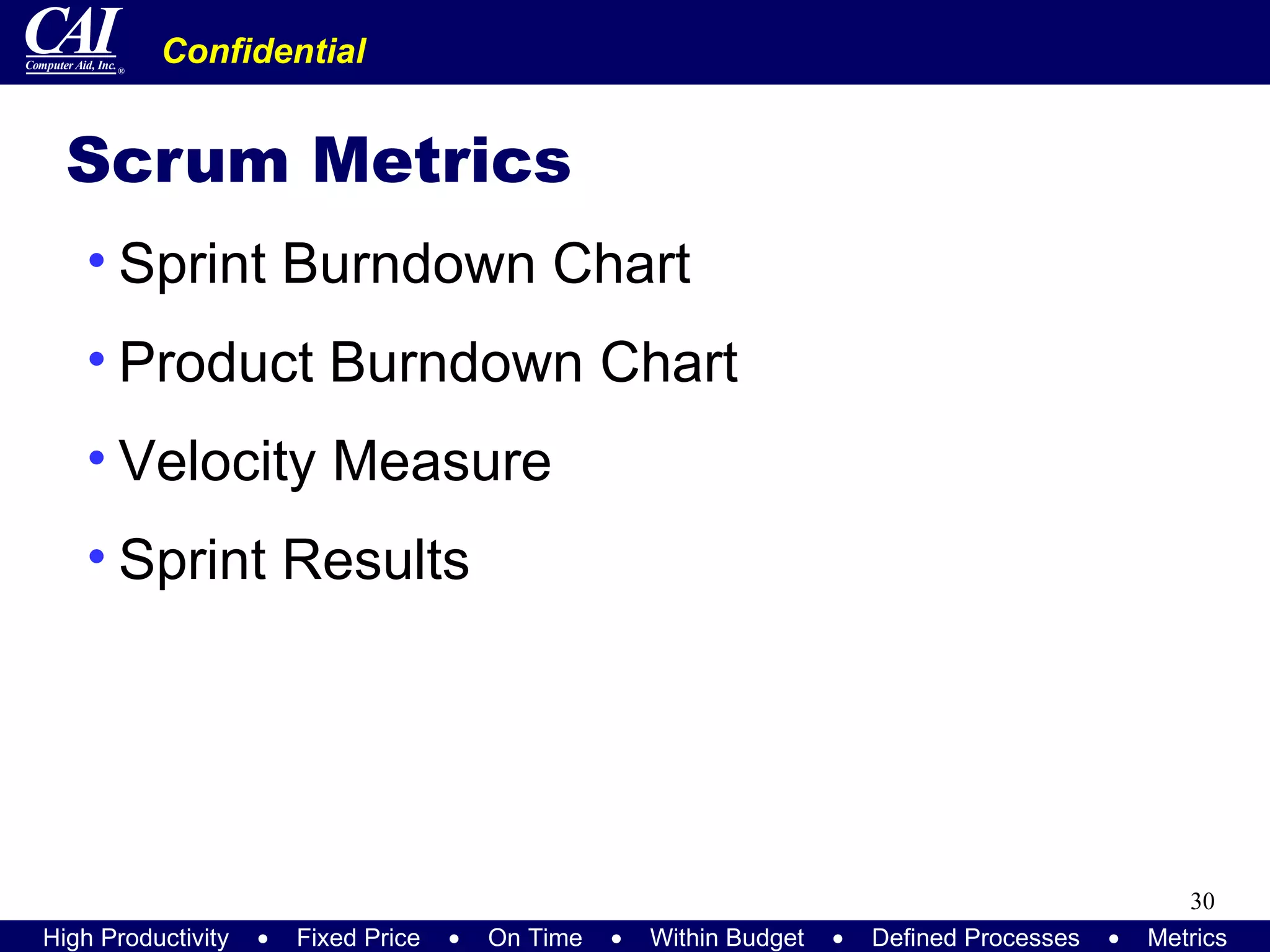 Scrum Metrics Sprint Burndown Chart Product Burndown Chart Velocity Measure Sprint Results 