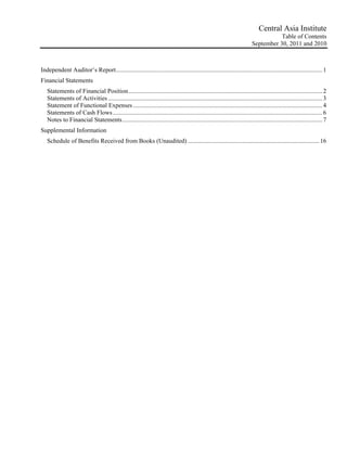 Central Asia Institute
                                                                                                                                        Table of Contents
                                                                                                                             September 30, 2011 and 2010



Independent Auditor’s Report.................................................................................................................................... 1 
Financial Statements .................................................................................................................................................. 2 
   Statements of Financial Position ............................................................................................................................ 2 
   Statements of Activities ......................................................................................................................................... 3 
   Statement of Functional Expenses ......................................................................................................................... 4 
   Statements of Cash Flows ...................................................................................................................................... 6 
   Notes to Financial Statements ................................................................................................................................ 7 
Supplemental Information ....................................................................................................................................... 16 
   Schedule of Benefits Received from Books (Unaudited) .................................................................................... 16 
 