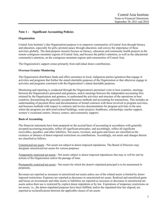 Central Asia Institute
                                                                                        Notes to Financial Statements
                                                                                        September 30, 2011 and 2010


Note 1 -    Significant Accounting Policies

Organization

Central Asia Institute’s (the Organization) purpose is to empower communities of Central Asia through literacy
and education, especially for girls; promote peace through education; and convey the importance of these
activities globally. The dual-purpose mission focuses on literacy, education and community health projects in the
remote contiguous mountain regions of Central Asia, and focuses the public's attention, as well as the educational
community's attention, on the contiguous mountain regions and communities of Central Asia.

The Organization's support comes primarily from individual donor contributions.

Overseas Grantee Monitoring

The Organization distributes funds and offers assistance to local, indigenous parties (grantees) that engage in
activities and programs that further the stated charitable purposes of the Organization or that otherwise engage in
activities and programs consistent with the Organization’s stated charitable purposes.

Monitoring and reporting is conducted through the Organization's personnel visits to host countries, meetings
between the Organization's personnel and grantees, and/or meetings between the independent accounting firm
retained by the Organization and grantees, to understand the activities and structure of the operations in host
countries, documenting the generally accepted business methods and accounting for transactions. This includes an
understanding of payment flows and documentation of formal contracts with those involved in program activities,
and business methods with respect to contracts and invoice documentation for program activities in the area
where the programs are delivered (school buildings, water projects, healthcare, scholarships, teacher support,
women’s vocational centers, literacy centers, and community support).

Basis of Accounting

The financial statements have been prepared on the accrual basis of accounting in accordance with generally
accepted accounting principles, reflect all significant principles, and accordingly, reflect all significant
receivables, payables, and other liabilities. Net assets, revenues, and gains and losses are classified on the
existence or absence of donor-imposed restrictions on contributions. Accordingly, net assets and changes therein
are classified as follows:

Unrestricted net assets - Net assets not subject to donor-imposed stipulations. The Board of Directors may
designate unrestricted net assets for various purposes.

Temporarily restricted net assets - Net assets subject to donor-imposed stipulations that may or will be met by
actions of the Organization and/or the passage of time.

Permanently restricted net assets - Net assets for which the donor's stipulated principal is to be maintained in
perpetuity.

Revenues are reported as increases in unrestricted net assets unless use of the related assets is limited by donor-
imposed restrictions. Expenses are reported as decreases in unrestricted net assets. Realized and unrealized gains
and losses on investments and other assets or liabilities are reported as increases or decreases in unrestricted net
assets unless their use is restricted by explicit donor stipulation or by law. Expirations of temporary restrictions on
net assets, i.e., the donor-stipulated purposes have been fulfilled, and/or the stipulated time has elapsed, are
reported as reclassifications between the applicable classes of net assets.

                                                                                                                      7
 