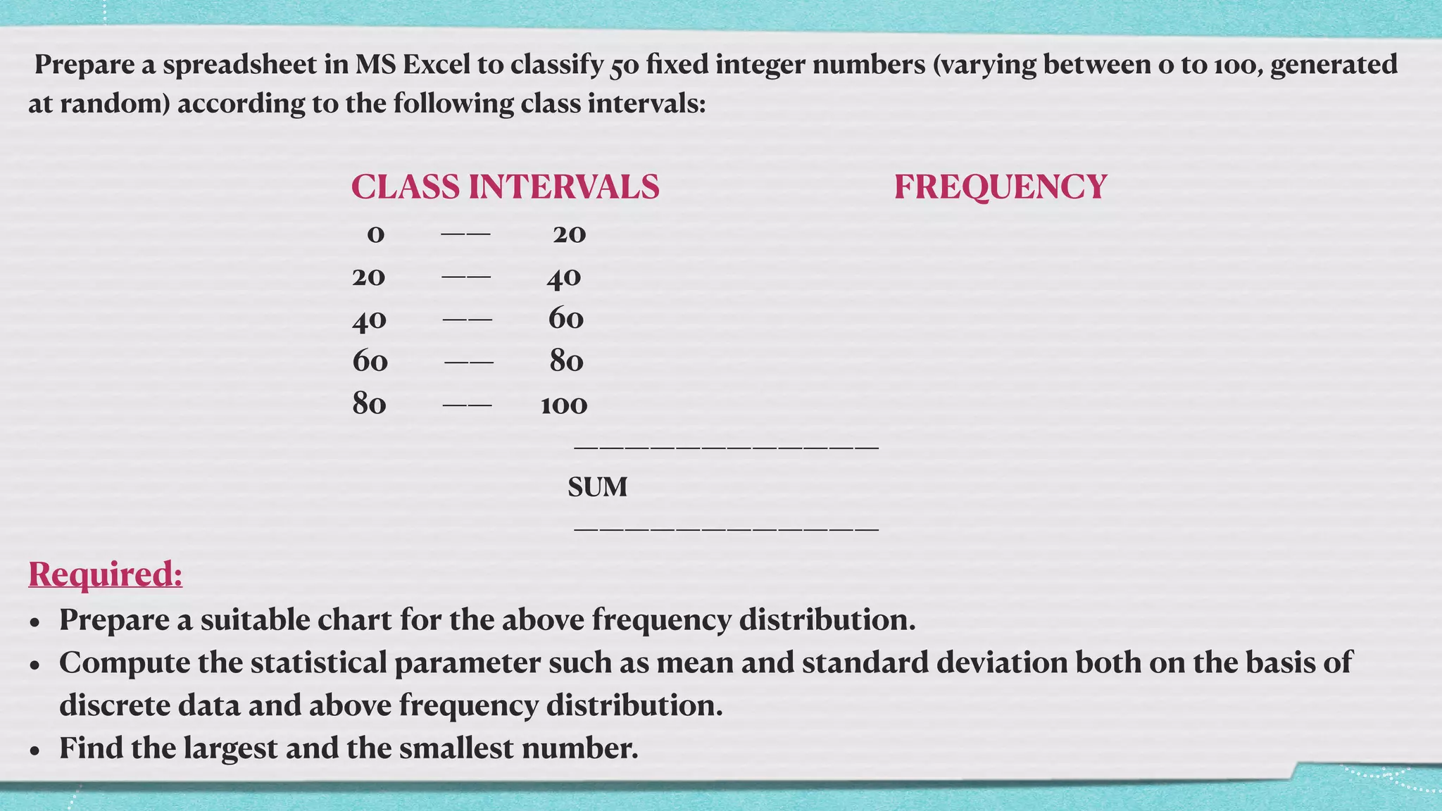Prepare a spreadsheet in MS Excel to classify 50
fi
xed integer numbers (varying between 0 to 100, generated
at random) according to the following class intervals:




CLASS INTERVALS FREQUENCY


0 —— 20


20 —— 40


40 —— 60


60 —— 80


80 —— 100


————————————


SUM


————————————


Required:


• Prepare a suitable chart for the above frequency distribution.


• Compute the statistical parameter such as mean and standard deviation both on the basis of
discrete data and above frequency distribution.


• Find the largest and the smallest number.
 
