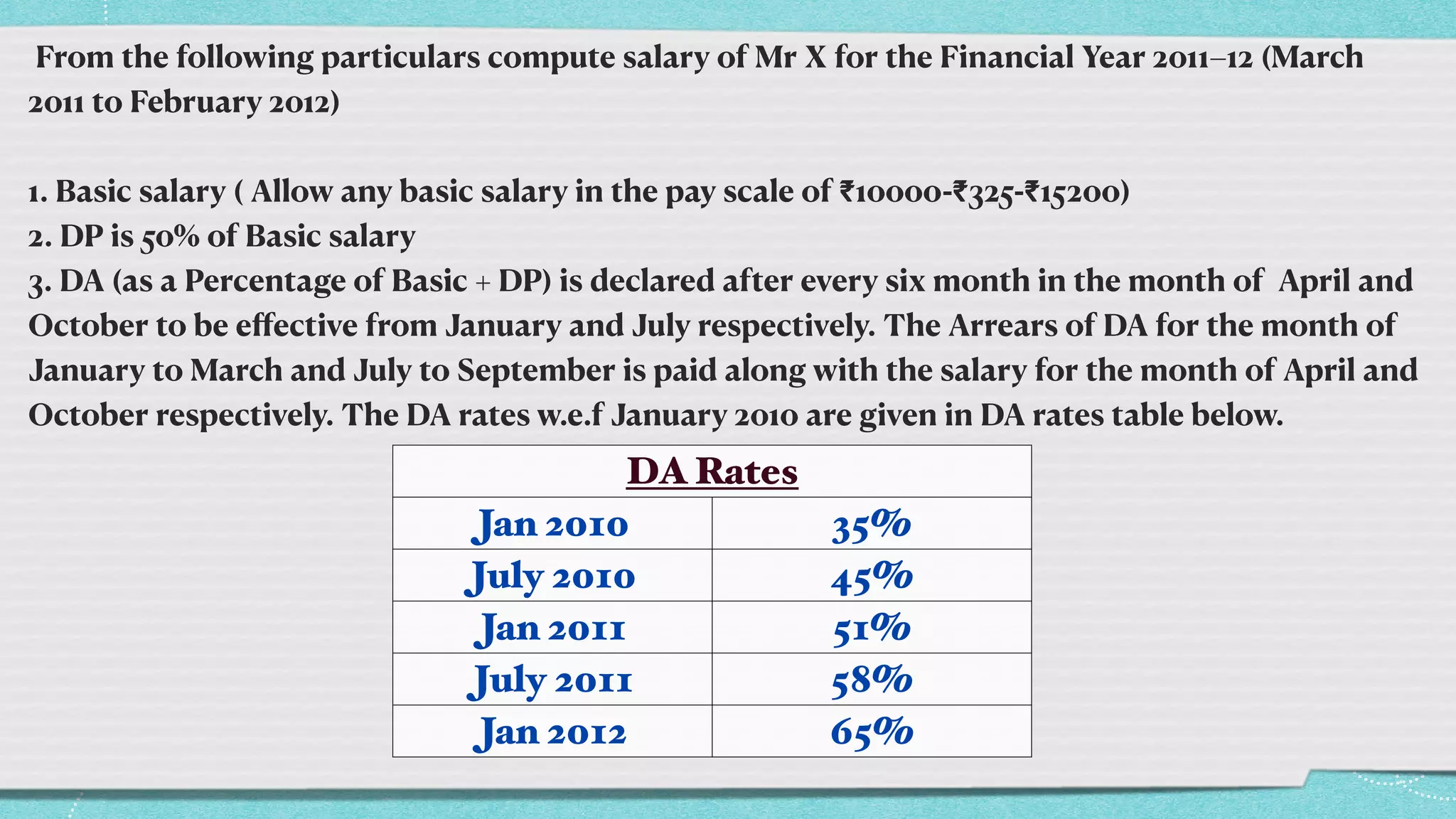 From the following particulars compute salary of Mr X for the Financial Year 2011–12 (March
2011 to February 2012)


1. Basic salary ( Allow any basic salary in the pay scale of ₹10000-₹325-₹15200)


2. DP is 50% of Basic salary


3. DA (as a Percentage of Basic + DP) is declared after every six month in the month of April and
October to be e
ff
ective from January and July respectively. The Arrears of DA for the month of
January to March and July to September is paid along with the salary for the month of April and
October respectively. The DA rates w.e.f January 2010 are given in DA rates table below.
DA Rates
Jan 2010 35%
July 2010 45%
Jan 2011 51%
July 2011 58%
Jan 2012 65%
 
